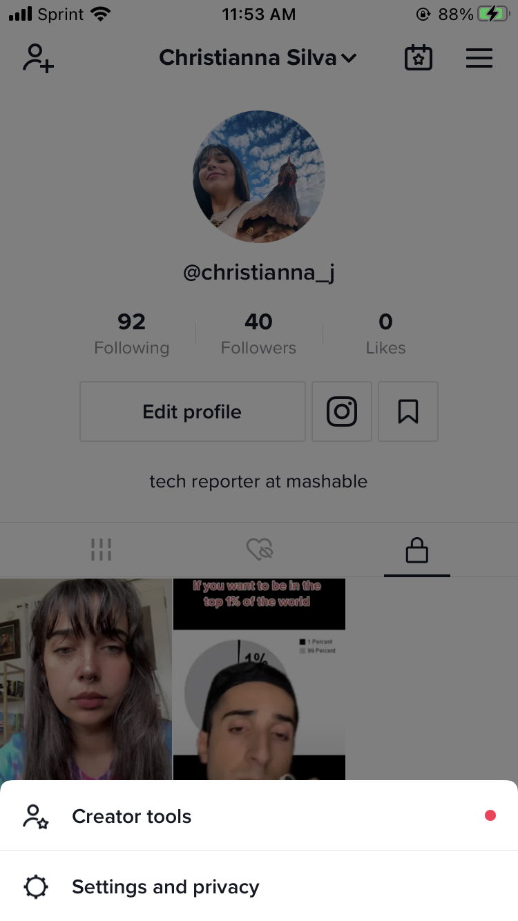 Screenshot displaying the options on a TikTok profile