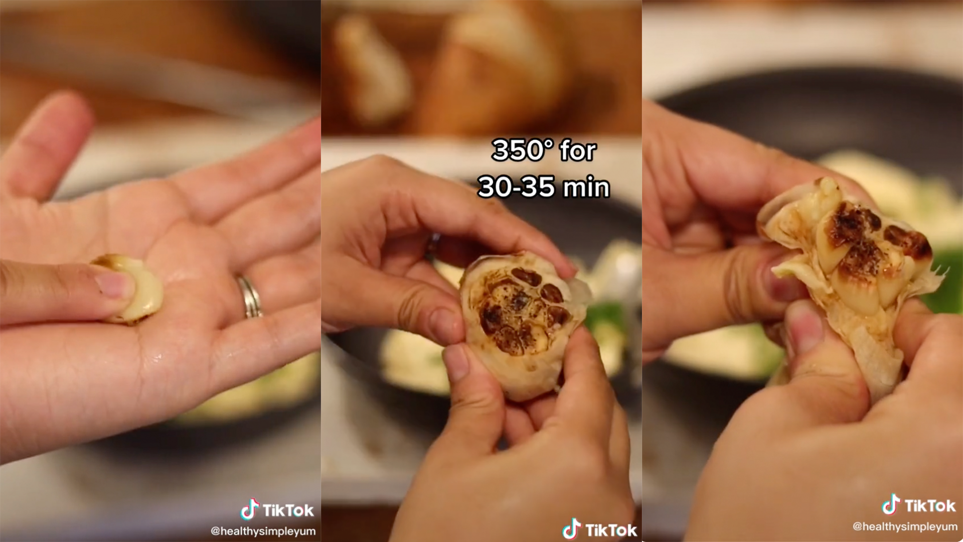 roasted garlic being pressed out by hand