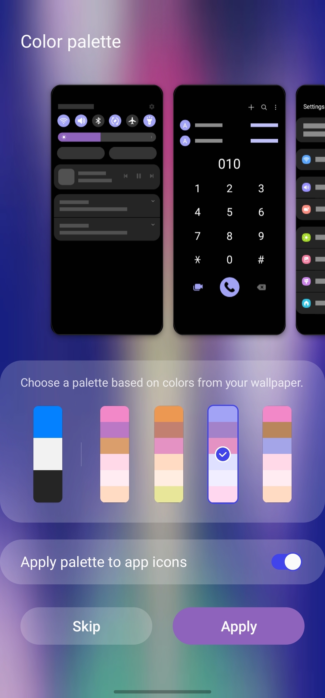 A screenshot of Android 12's Material You app theme customization.