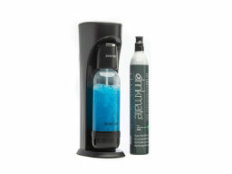 Black carbonated rink maker with bottle of blue liquid attached and can of CO2 next to it