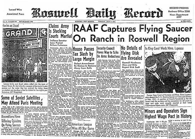 Image of front page of Roswell newspaper reporting on a UFO siting