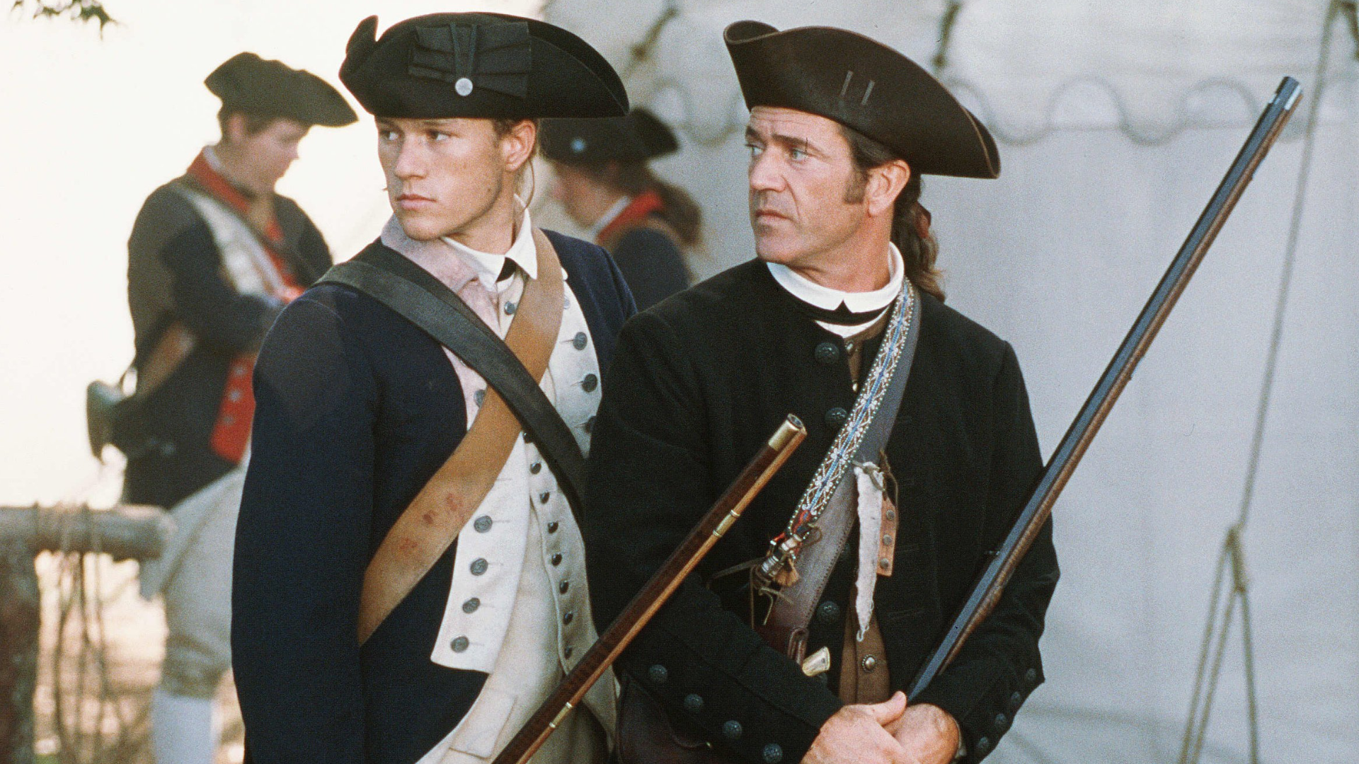 Two American soldiers from the Revolutionary War stand side by side.
