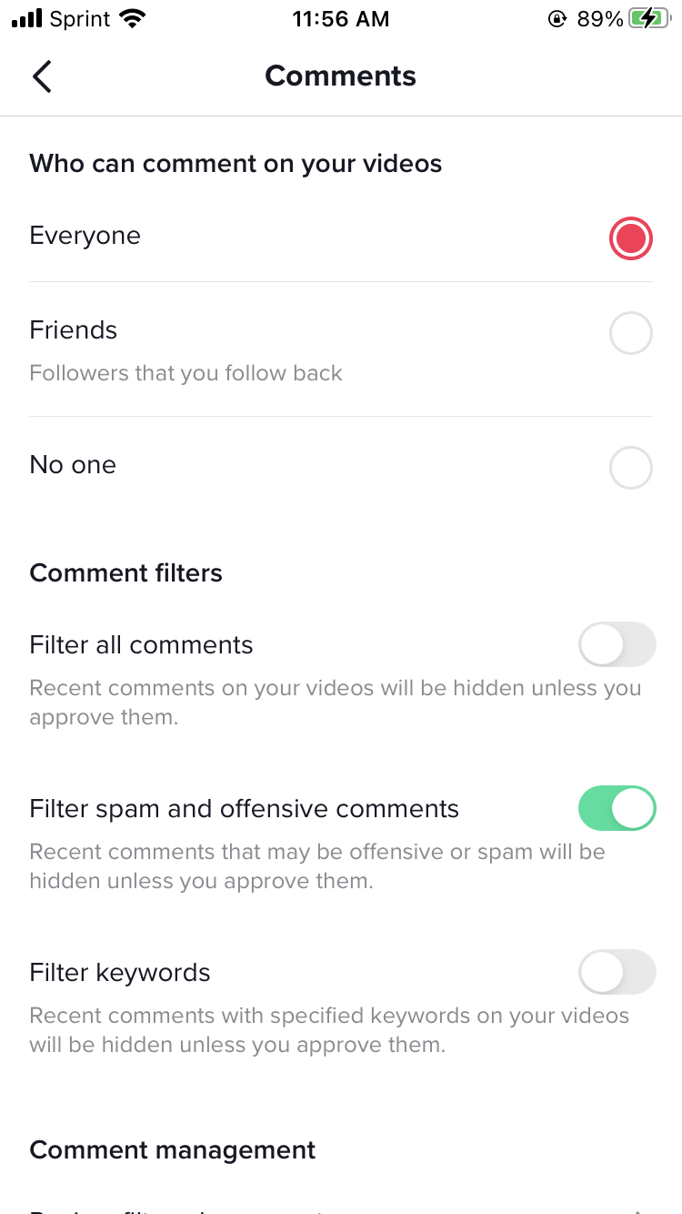 Screenshot displaying the options on a TikTok profile