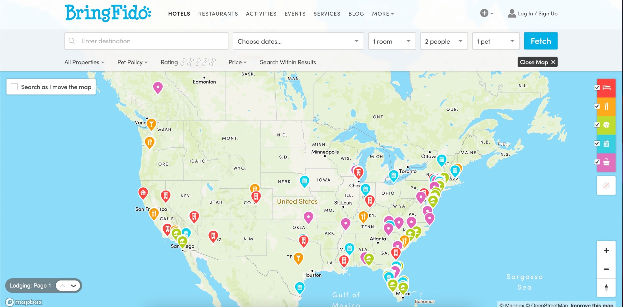 Screenshot of map of the US showing dog-friendly places