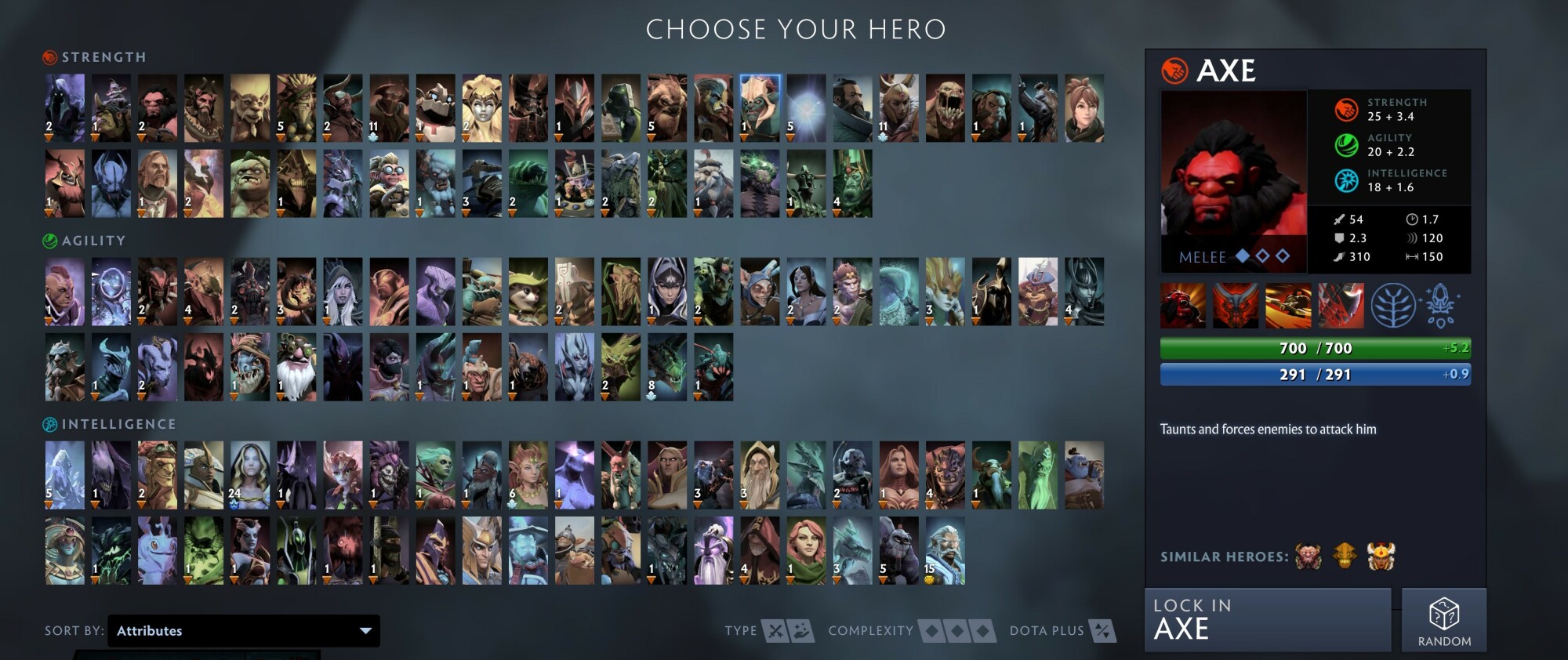 A screenshot of Dota 2's character selection screen.