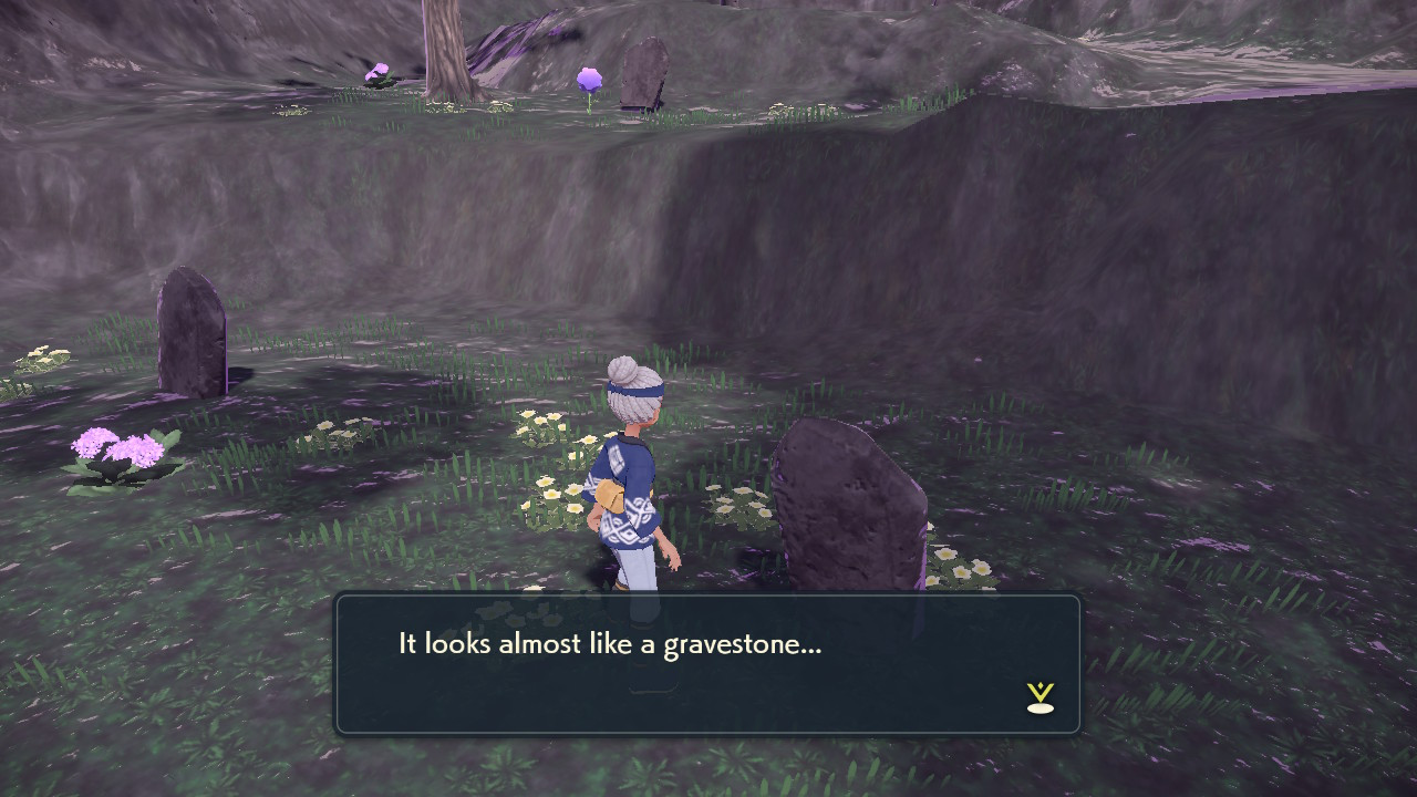A screenshot from "Pokémon Legends: Arceus" displaying a message that the character is looking at a gravestone