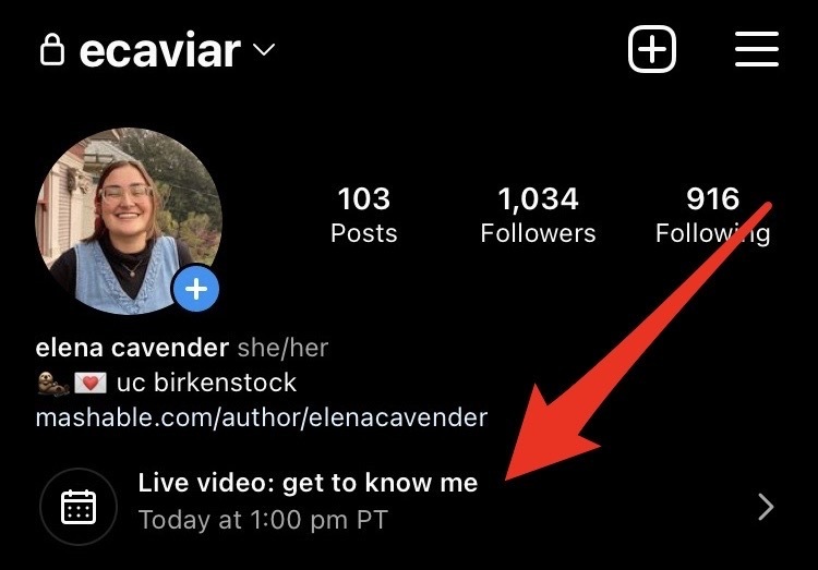 Arrow pointing to the live scheduled on Instagram profile.