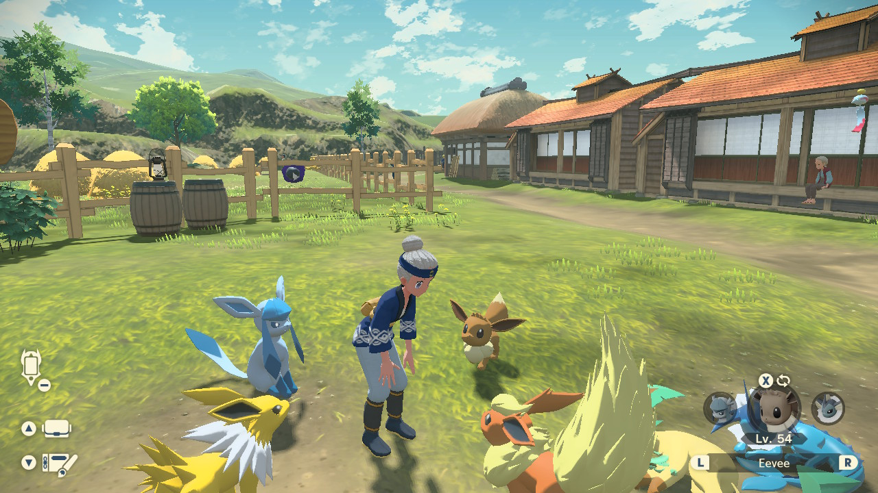 A Pokémon trainer surrounded by Eeveelutions.