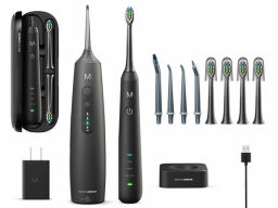 Grey toothbrush and flosser with interchangeable brush heads, travel case, timer, and charger