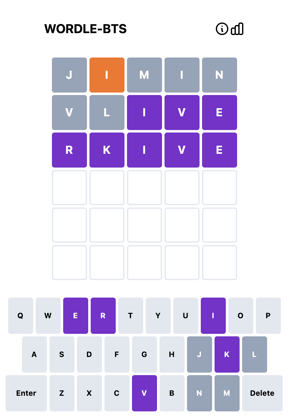 Screenshot of BTS wordle board