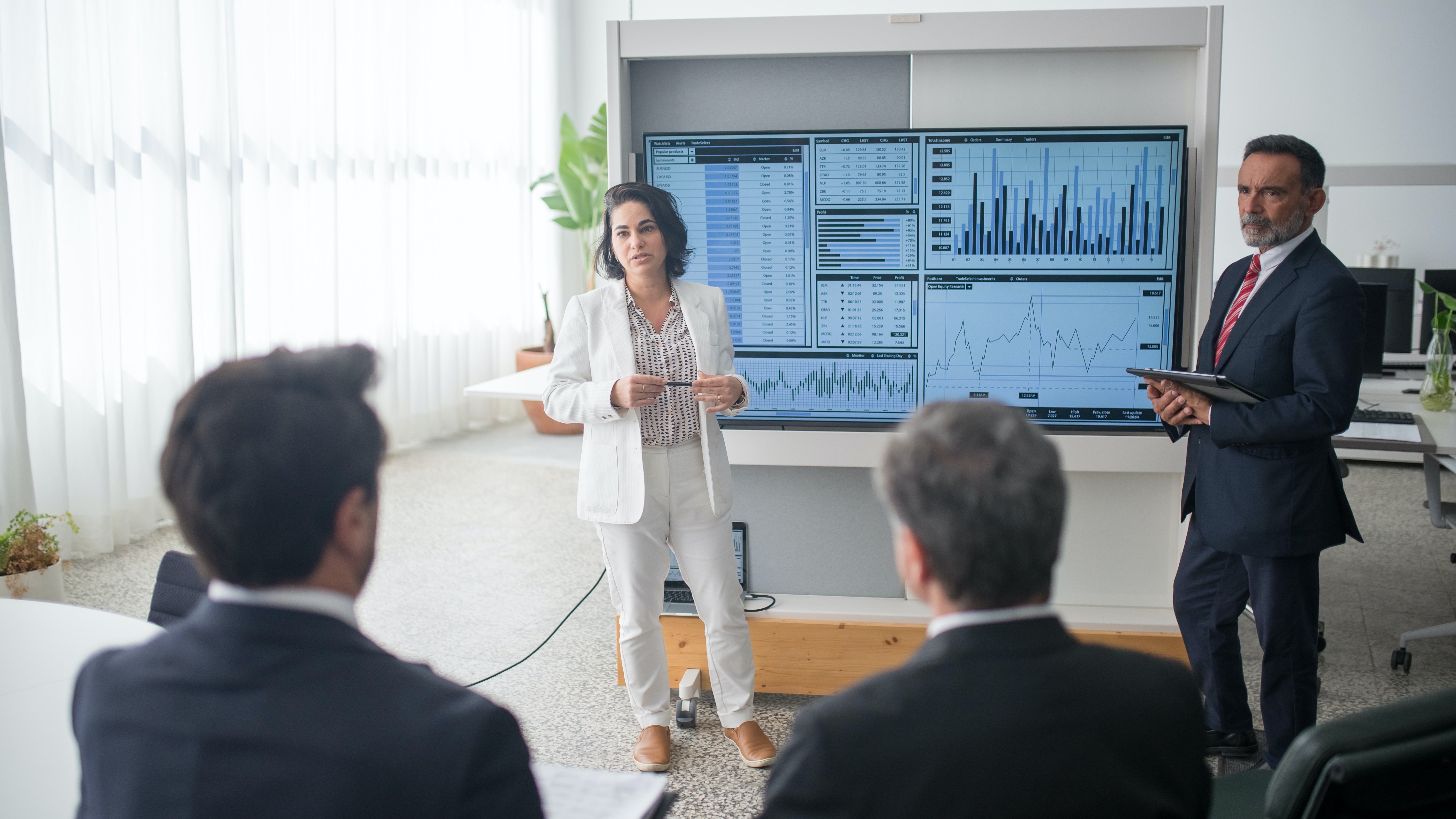 Two people in business attire presenting a screen with graphs to two others