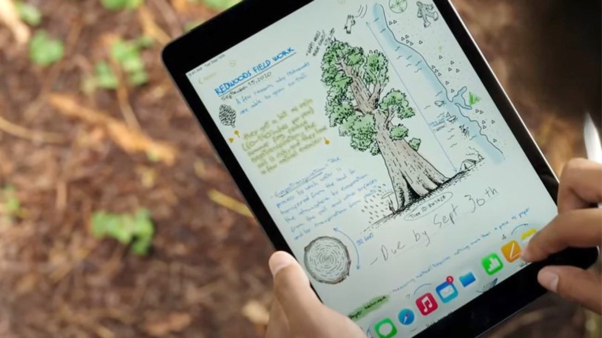 iPad held over brown leaf-covered ground, screen showing homework