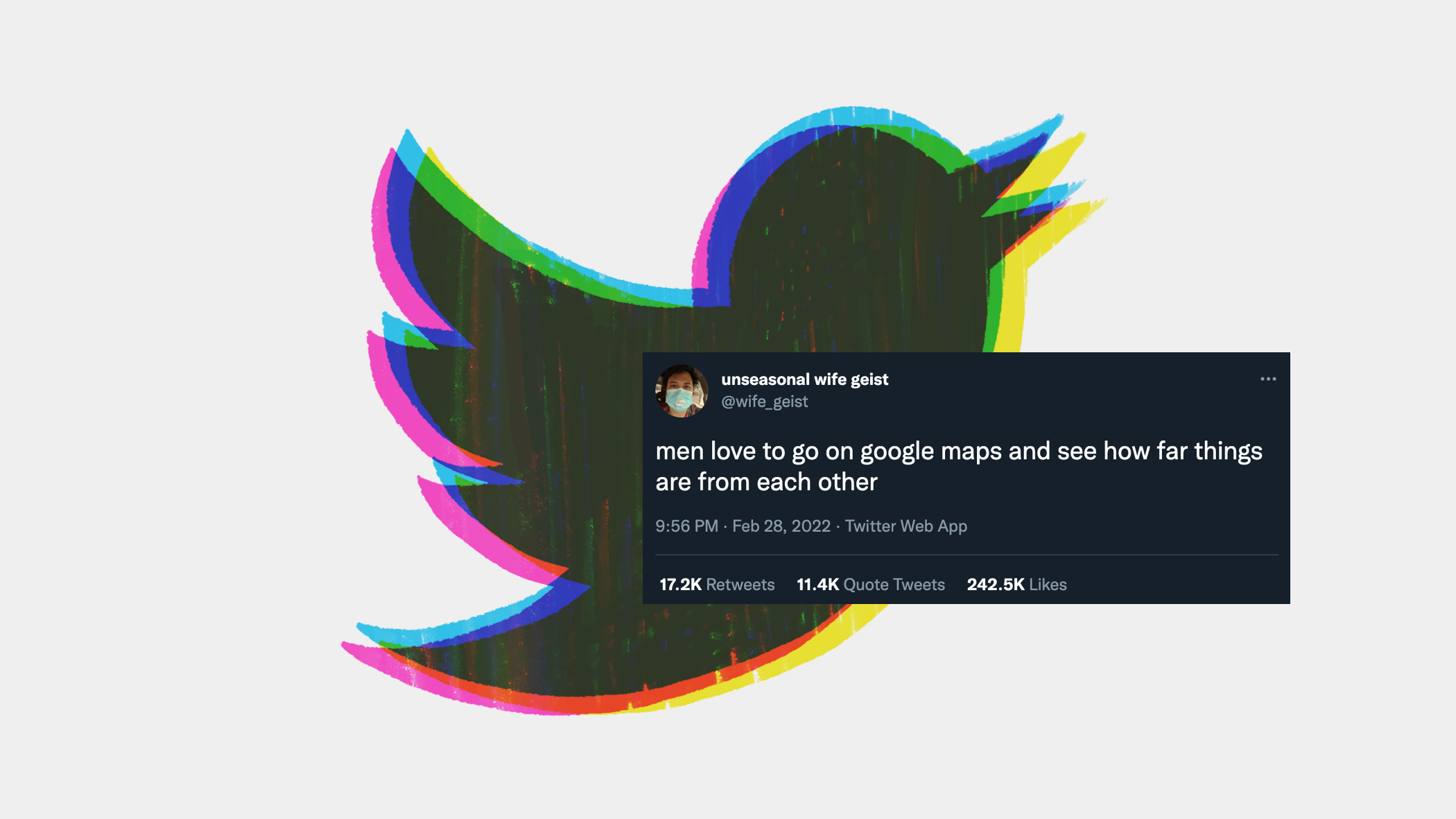 twitter logo with screenshot of tweet joking about men loving google maps