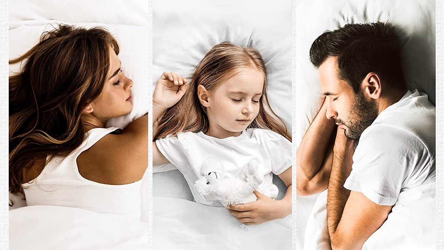 triptych of two adults and one child sleeping peacefully