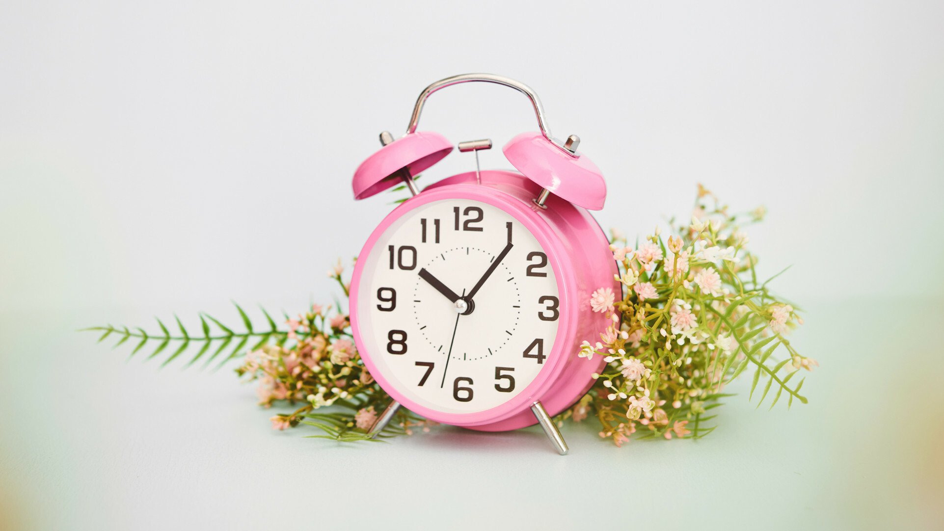 Alarm clock with bouquet of spring blossoms.