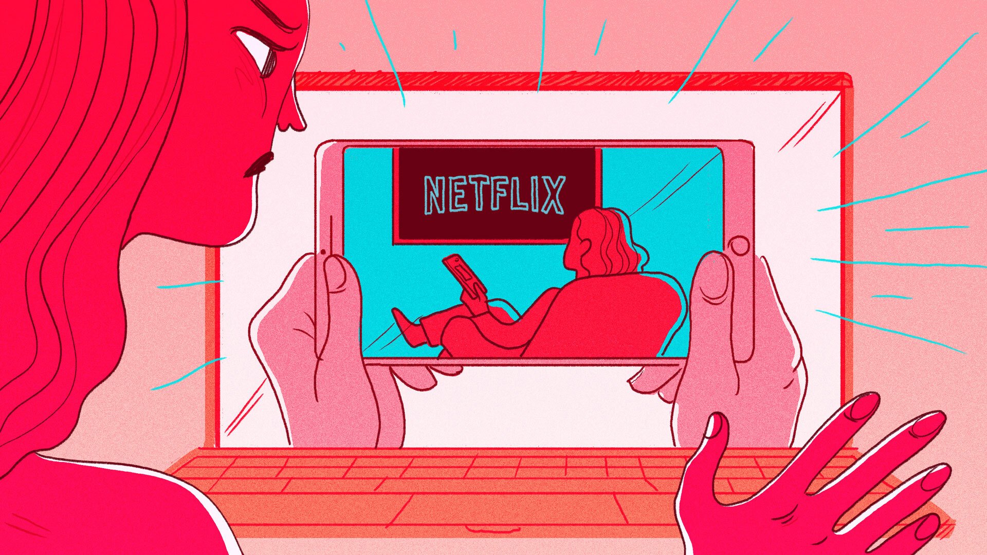 Illustration of a woman looking at a computer. The computer shows a hands holding a phone, showing a woman watching Neftlix.