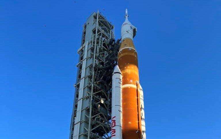 NASA's rocket rolling out of storage to the launchpad