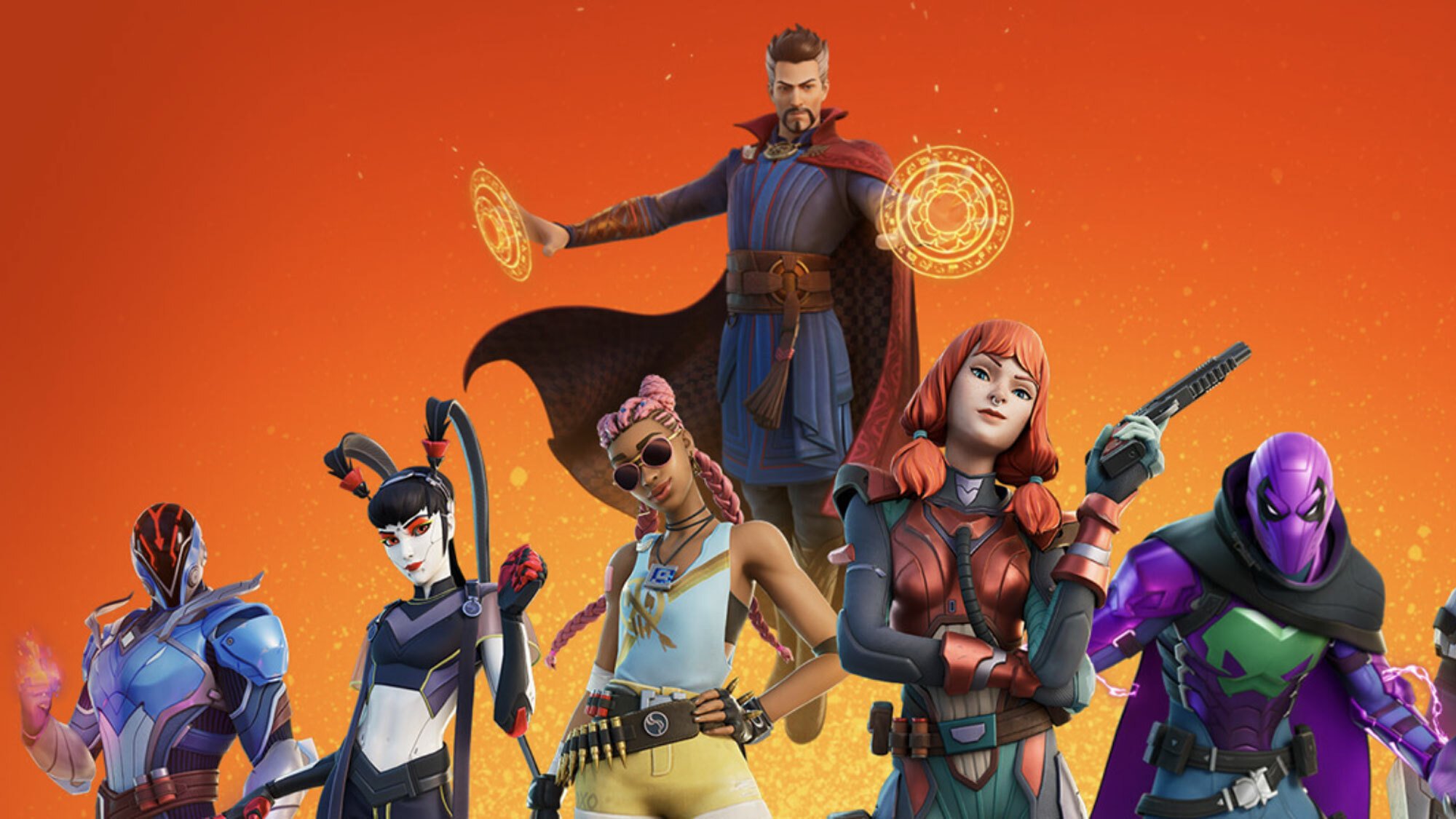 A piece of art featuring a gathering of Fortnite characters, including a Fortnite version of Doctor Strange.