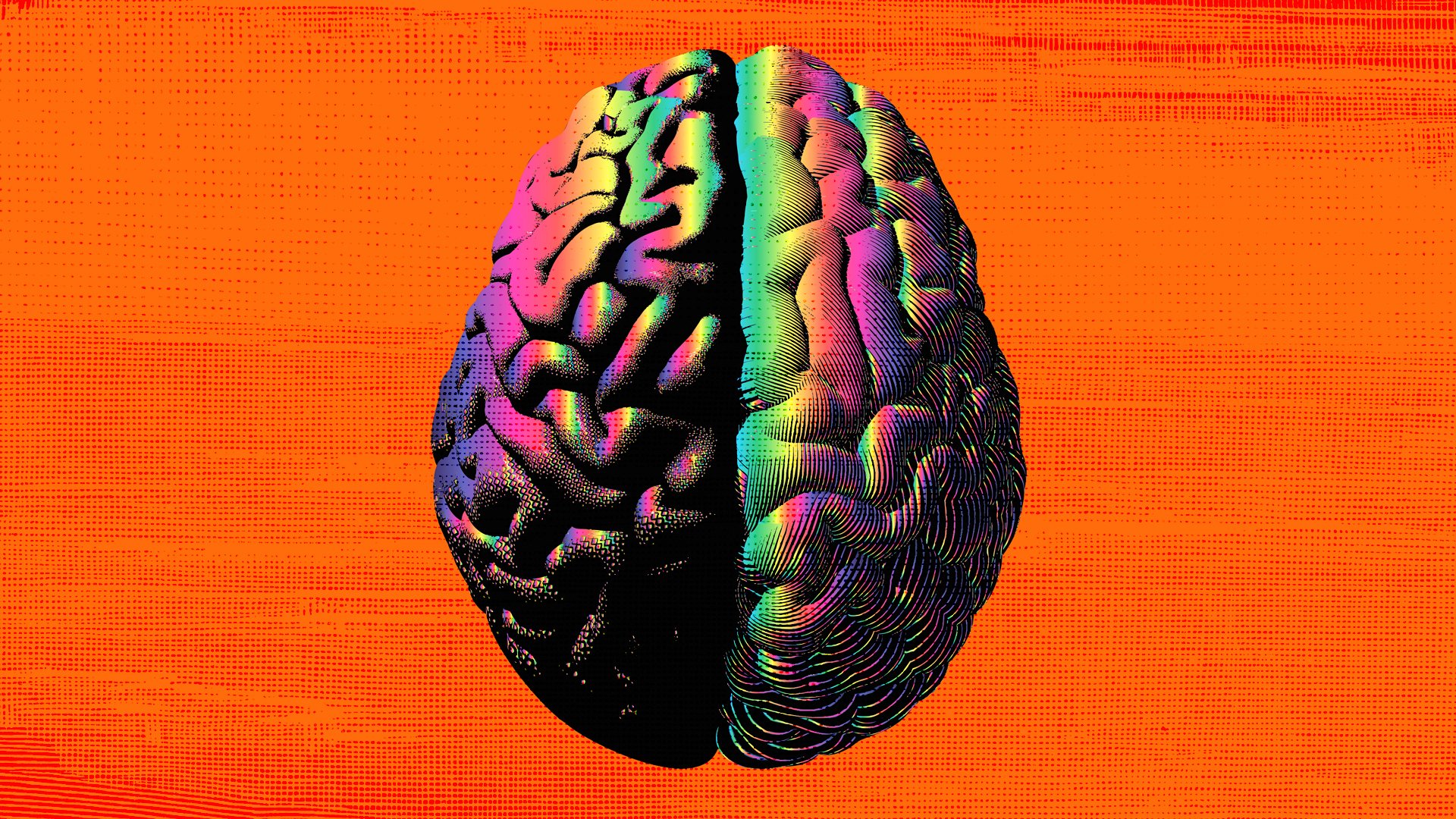 Colorful graphic of brain on orange background