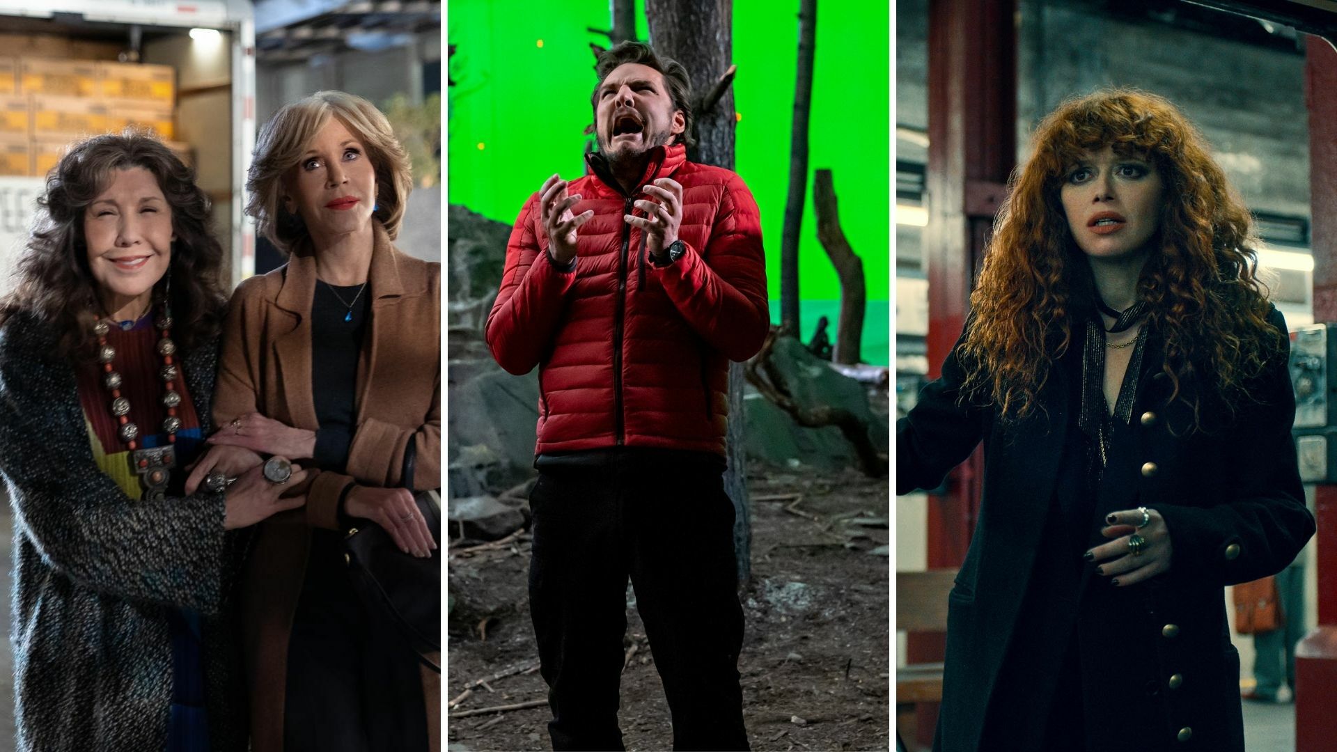 Three stills: two older woman standing next to each other, a man screaming in front of a green screen, a woman standing in a subway car