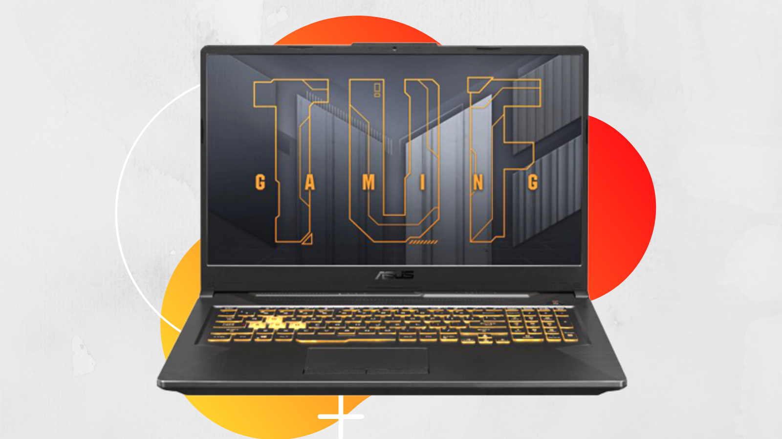 ASUS TUF F17 Gaming Laptop with orange yellow and white background