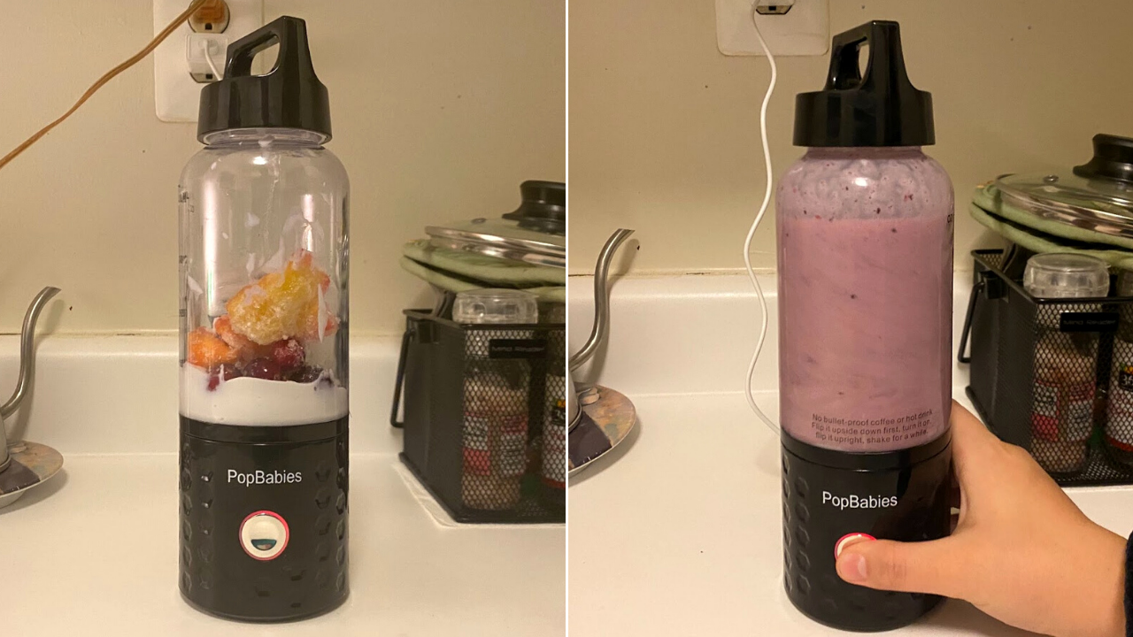 left: blender with ingredients, right: blender with blended smoothie