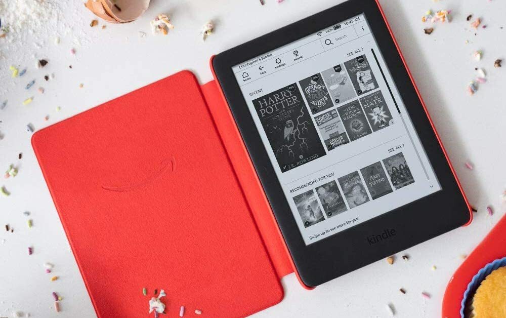 Kindle with a red case showing Harry Potter books