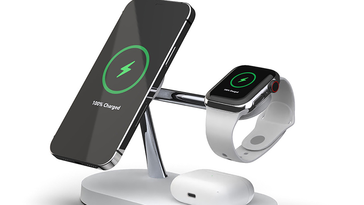 Silver stand with airpod case, smartwatch, and smartphone suspended and charging on it