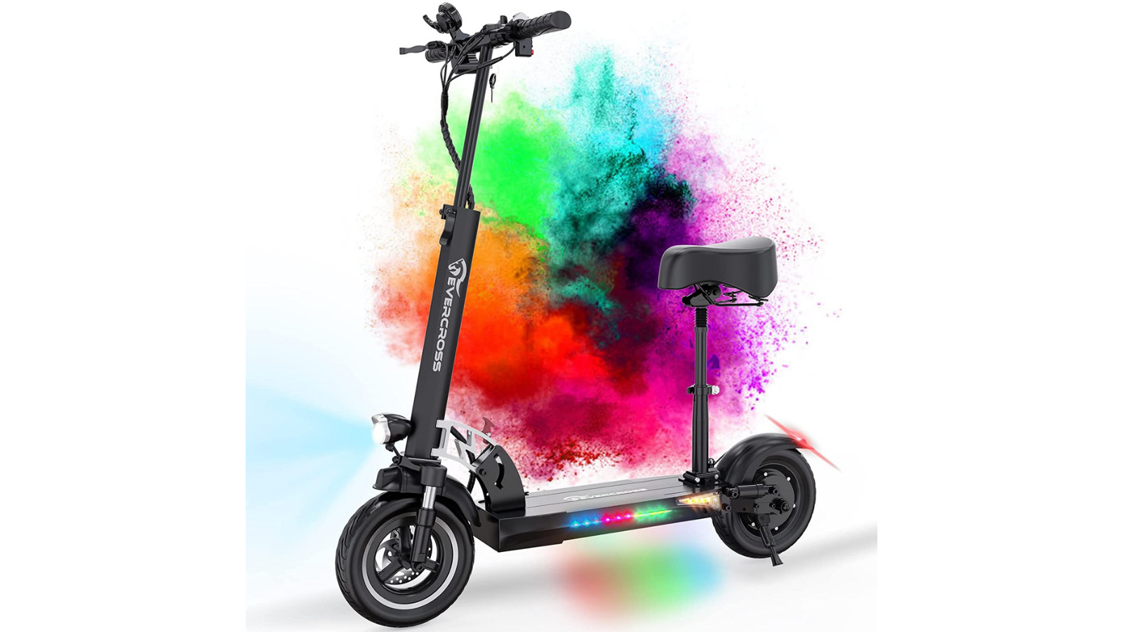 Black scooter with seat on rainbow background