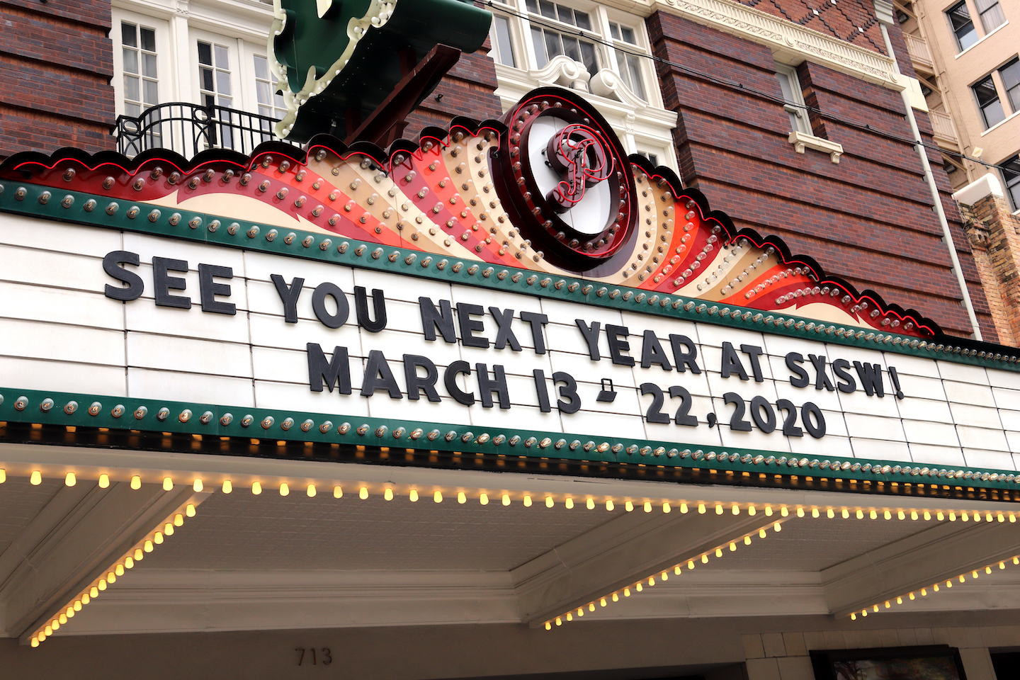 A movie theater sign saying see you next year at the 2020 event.