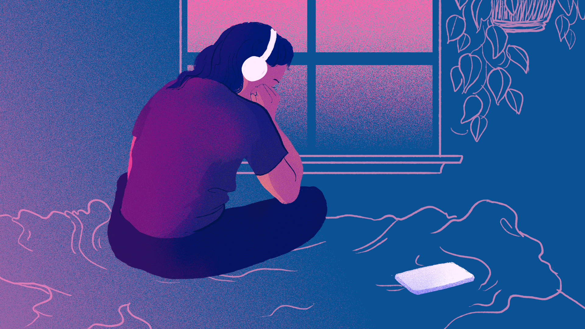 An illustration of a woman sitting down, looking thoughtfully out the window, while listening to headphones. 