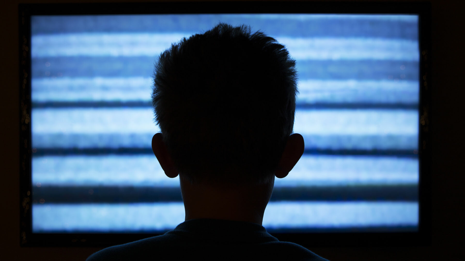 A silhouette of a person's head framed by a TV screen displaying static.