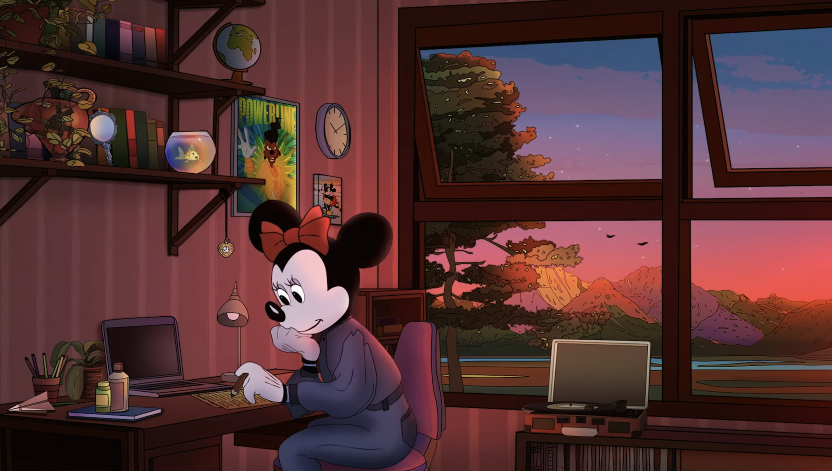 Minnie Mouse studying at a desk as the sun sets.