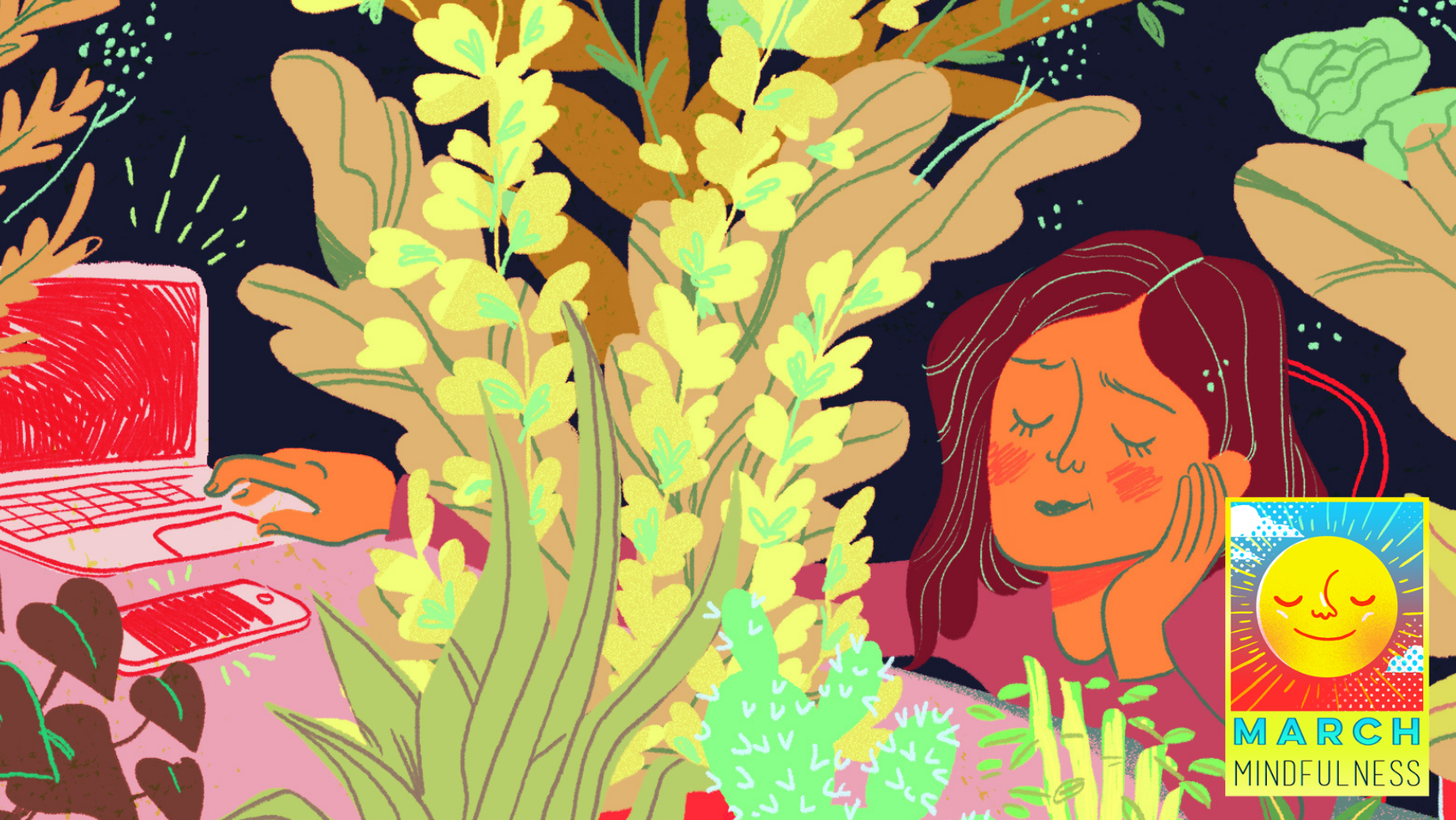 A cartoon woman sits peacefully among flowering plants.