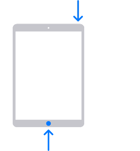 Arrows indicating the top right and home buttons on an Ipad, to press for screenshotting