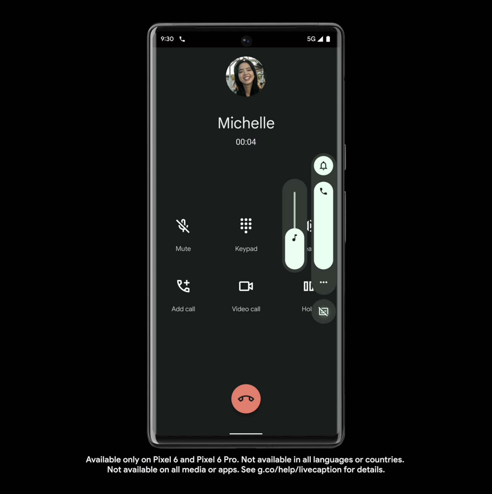 Google Pixel phone call screen with caption options below the volume control. 