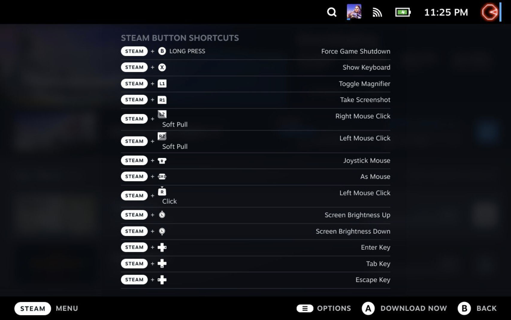 A screenshot of the Steam Deck's list of shortcut commands.