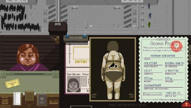 A pixelated immigrant stands before border patrol in the Lucas Pope video game "Papers, Please"