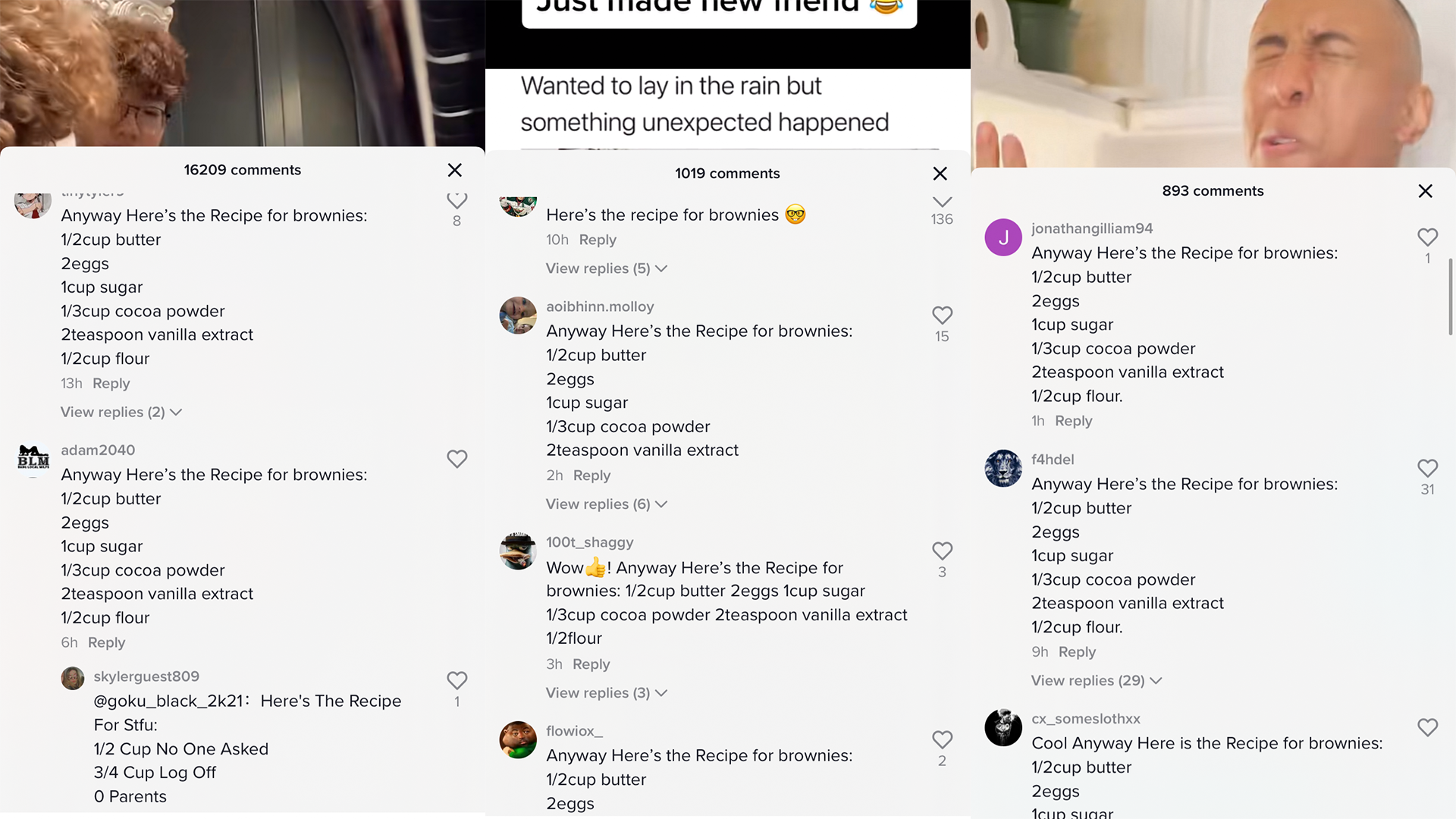 screenshots of comments with brownie recipe