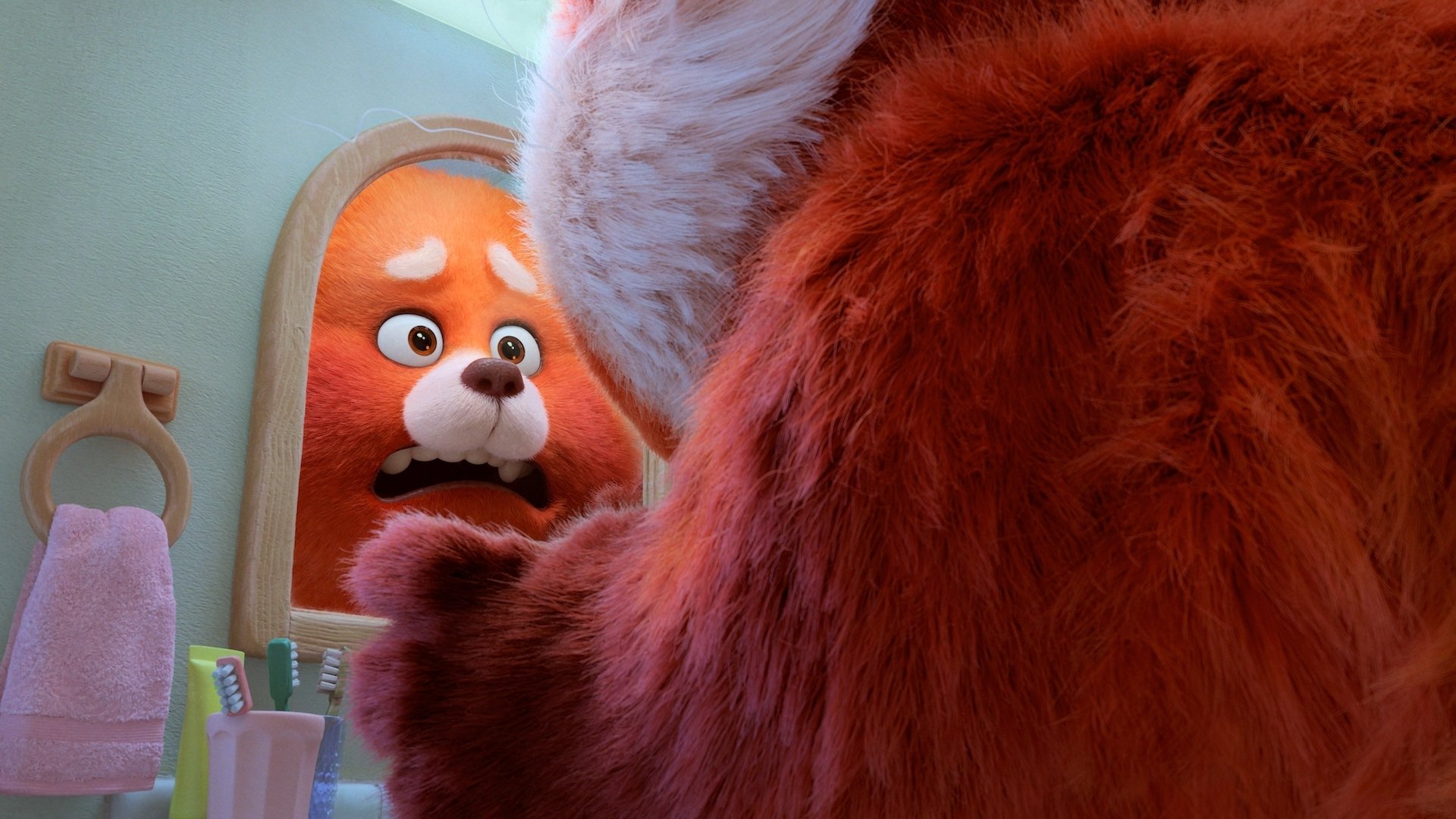 A red panda stares in horror at her own face in the bathroom mirror.