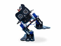 Black and blue robot tilted to one side