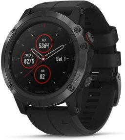 Black smartwatch with fitness data on screen
