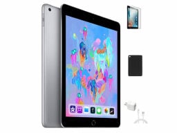 Front and back view of an ipad with screen protector, case, and charger in miniature next to it