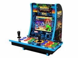 Blue and black arcade game with joystick and button controls