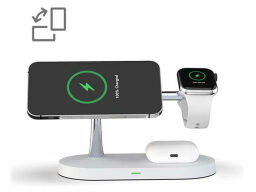 Silver stand with airpod case, smartwatch, and smartphone suspended and charging on it