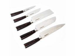 Set of five silver knives with black handles