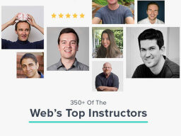 Five star graphic with collage of profile photos and text saying web's top instructors below