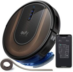 Black robot vacuum with roll of tape and phone screen displaying map layout of home