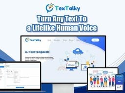 Computer screens on TexTalky homepage, converting page, and languages ad