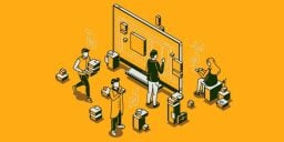 Yellow graphic of people working around a whiteboard